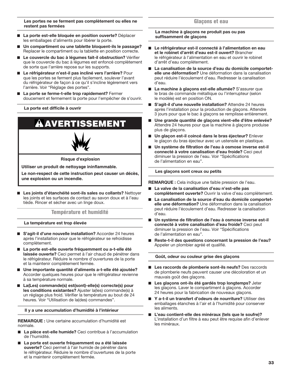 Avertissement, Température et humidité, Glaçons et eau | Maytag MRT118FZEM User Manual | Page 33 / 56