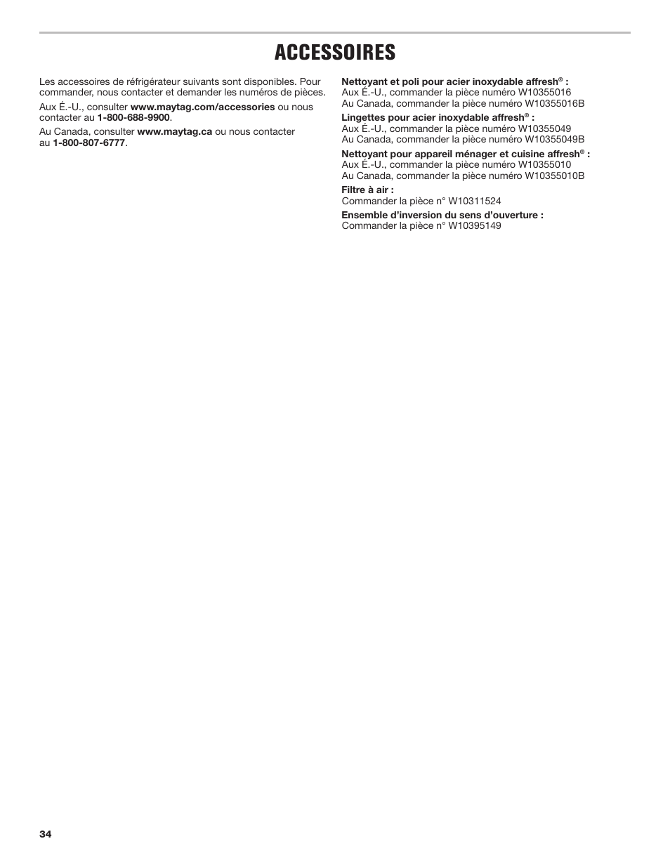 Accessoires | Maytag MRT118FZEM User Manual | Page 34 / 56