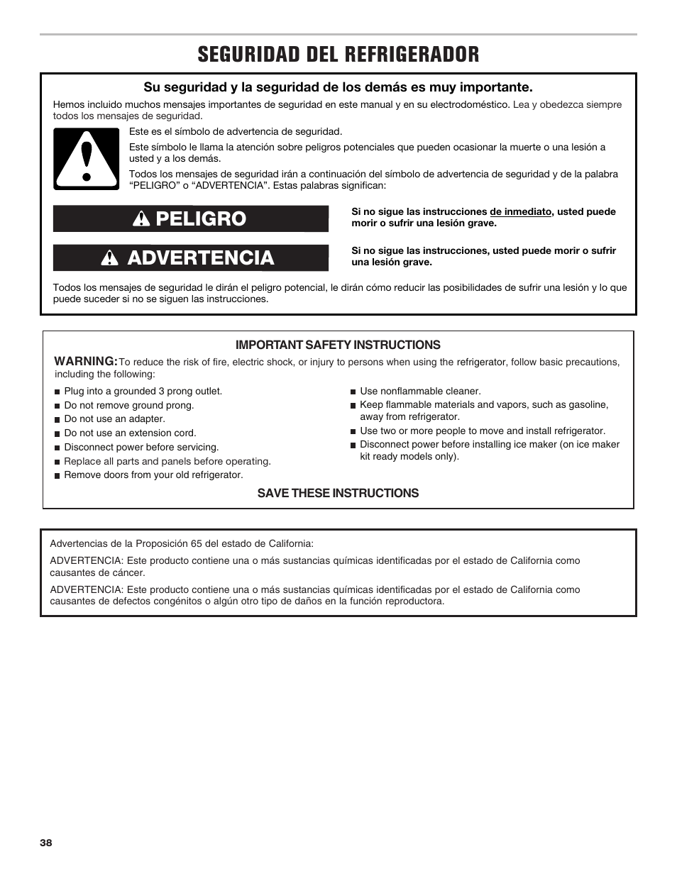 Seguridad del refrigerador, Advertencia peligro | Maytag MRT118FZEM User Manual | Page 38 / 56