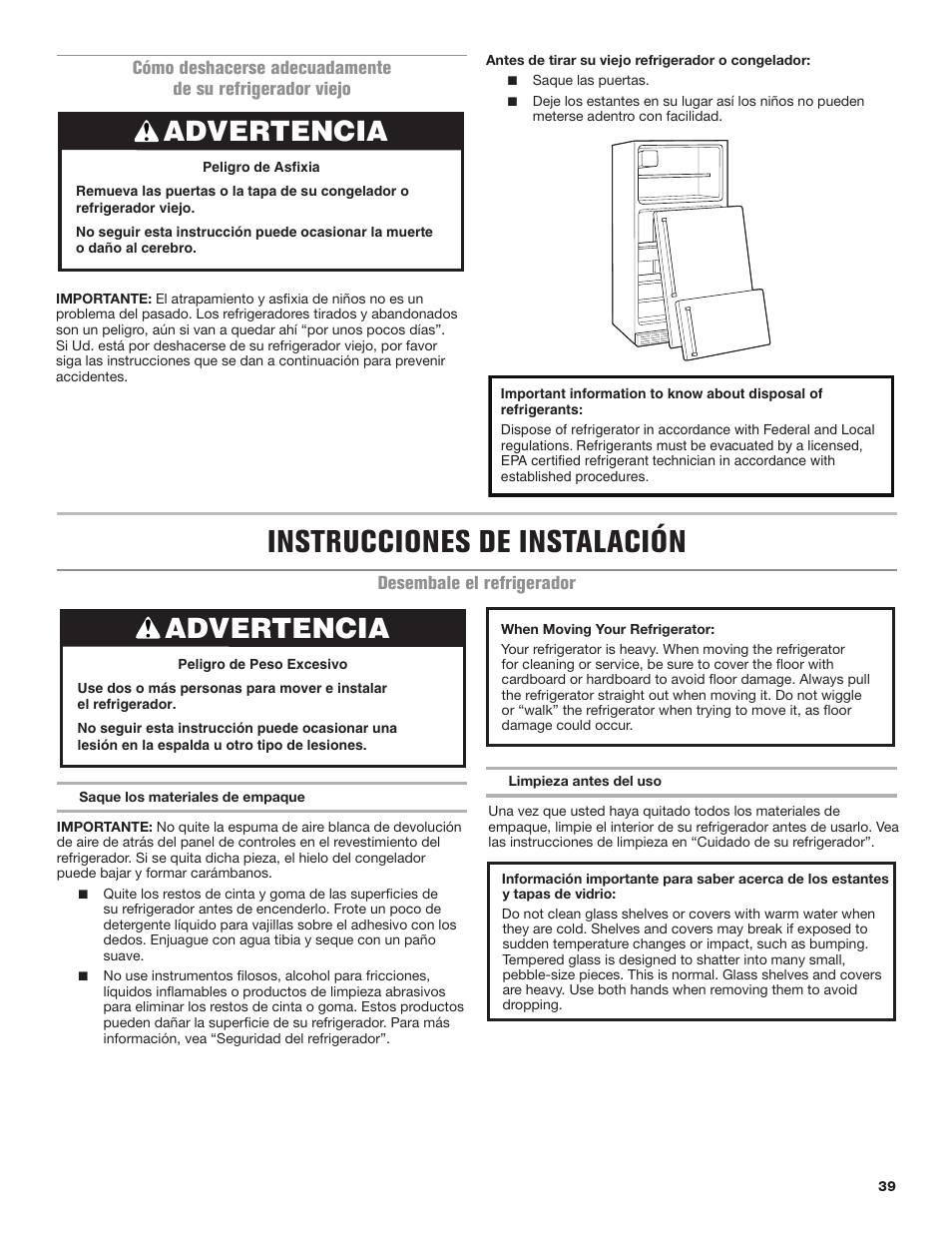 Instrucciones de instalación, Advertencia | Maytag MRT118FZEM User Manual | Page 39 / 56