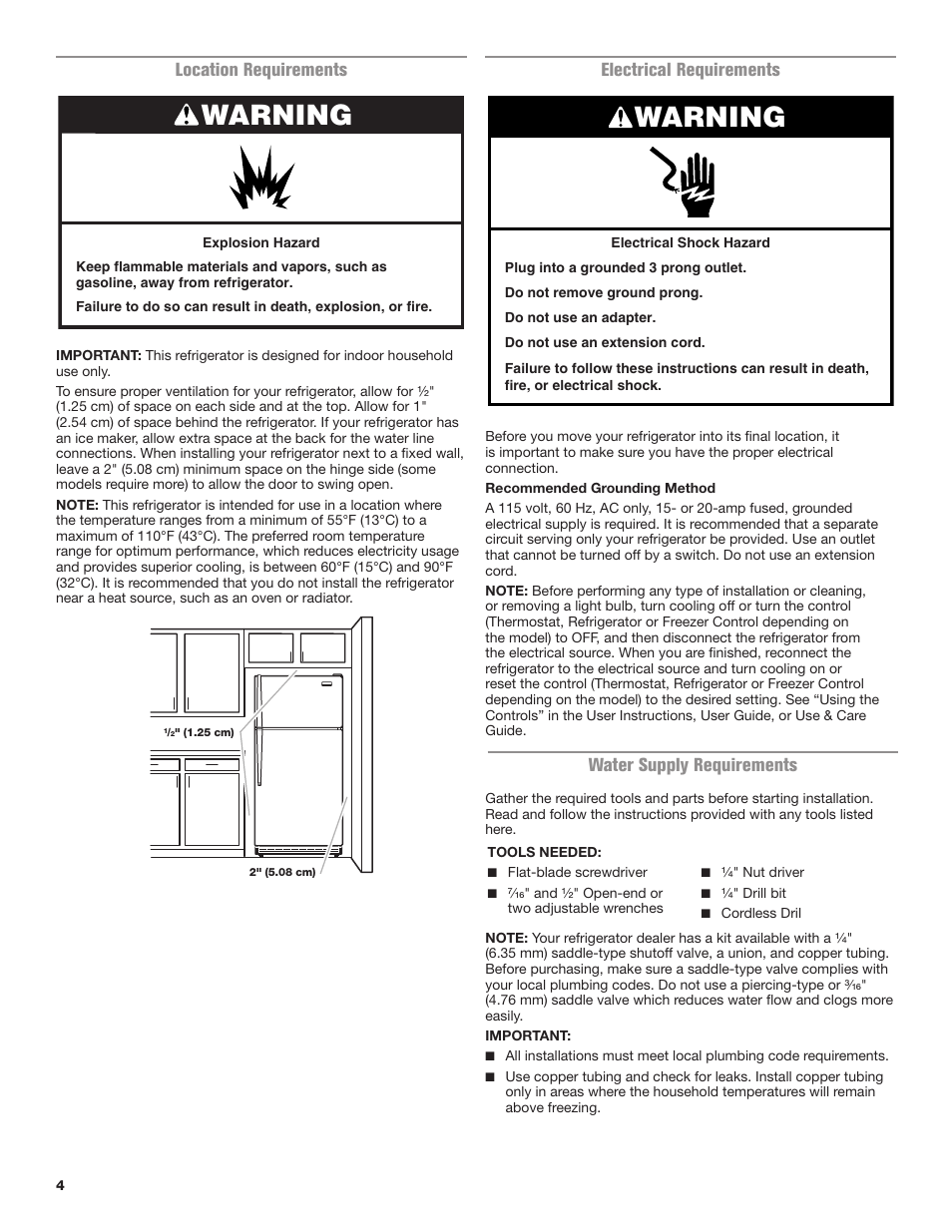 Warning, Location requirements, Electrical requirements | Water supply requirements | Maytag MRT118FZEM User Manual | Page 4 / 56