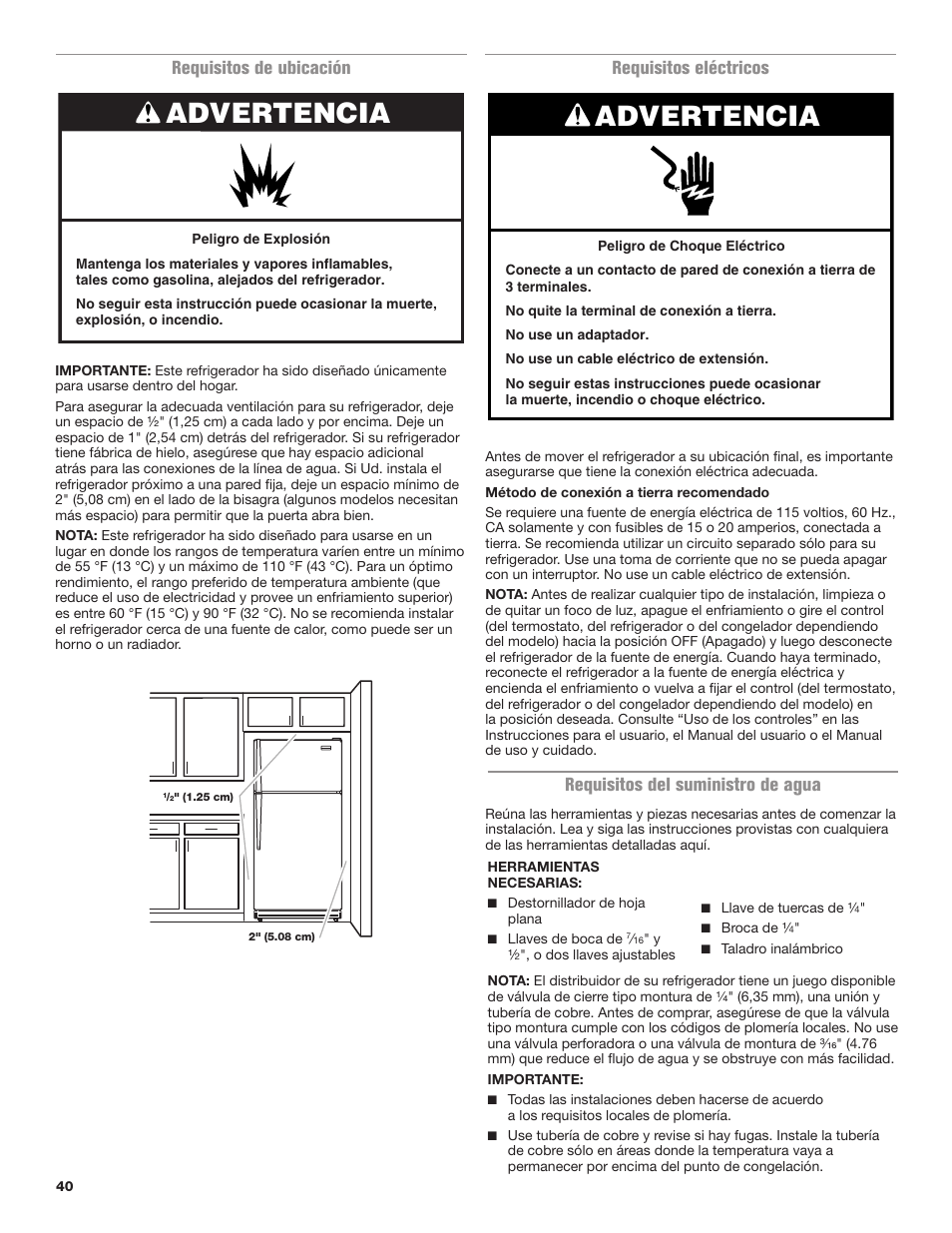 Advertencia, Requisitos de ubicación, Requisitos eléctricos | Requisitos del suministro de agua | Maytag MRT118FZEM User Manual | Page 40 / 56