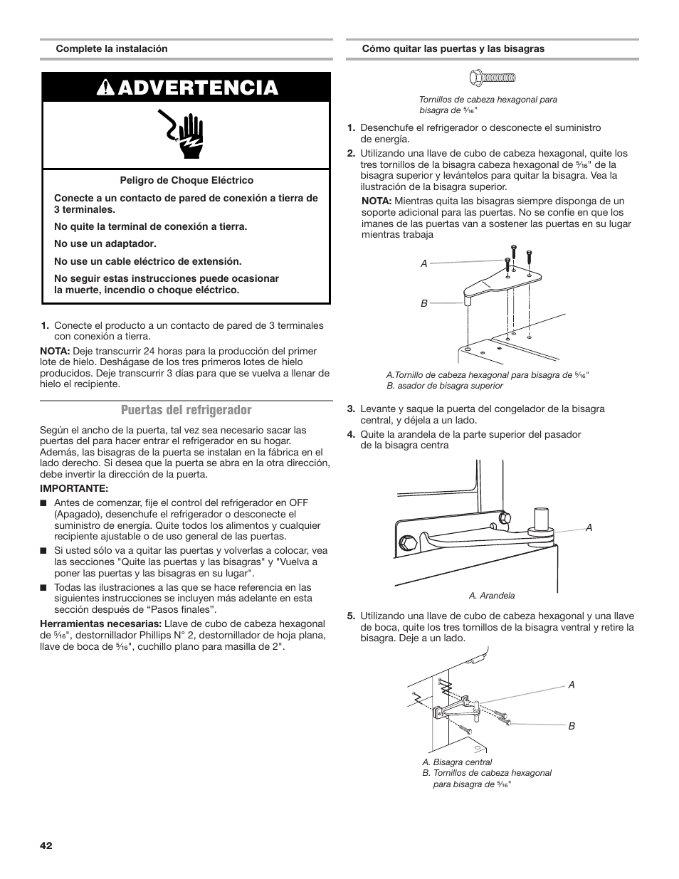 Advertencia, Puertas del refrigerador | Maytag MRT118FZEM User Manual | Page 42 / 56