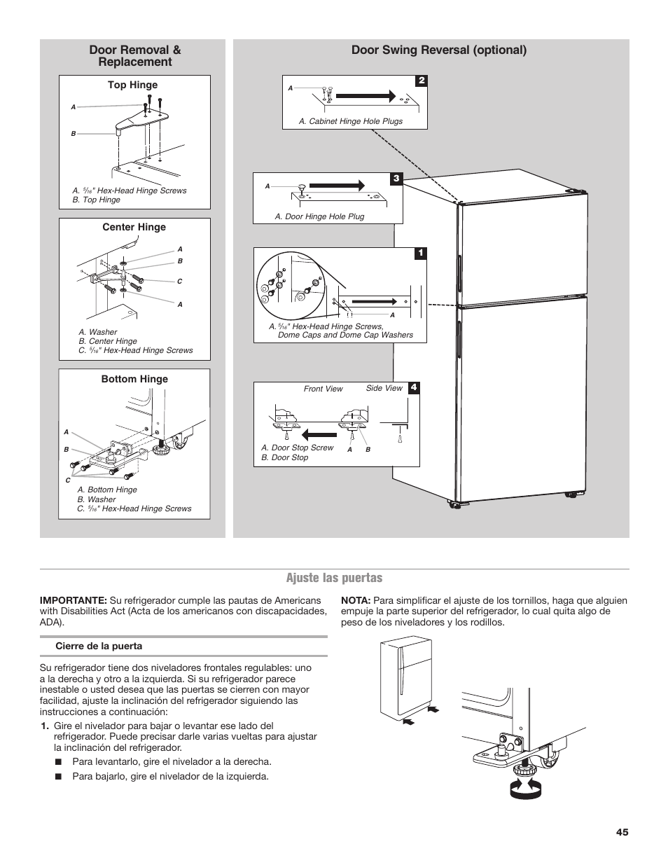 Ajuste las puertas, Door removal & replacement, Door swing reversal (optional) | Maytag MRT118FZEM User Manual | Page 45 / 56