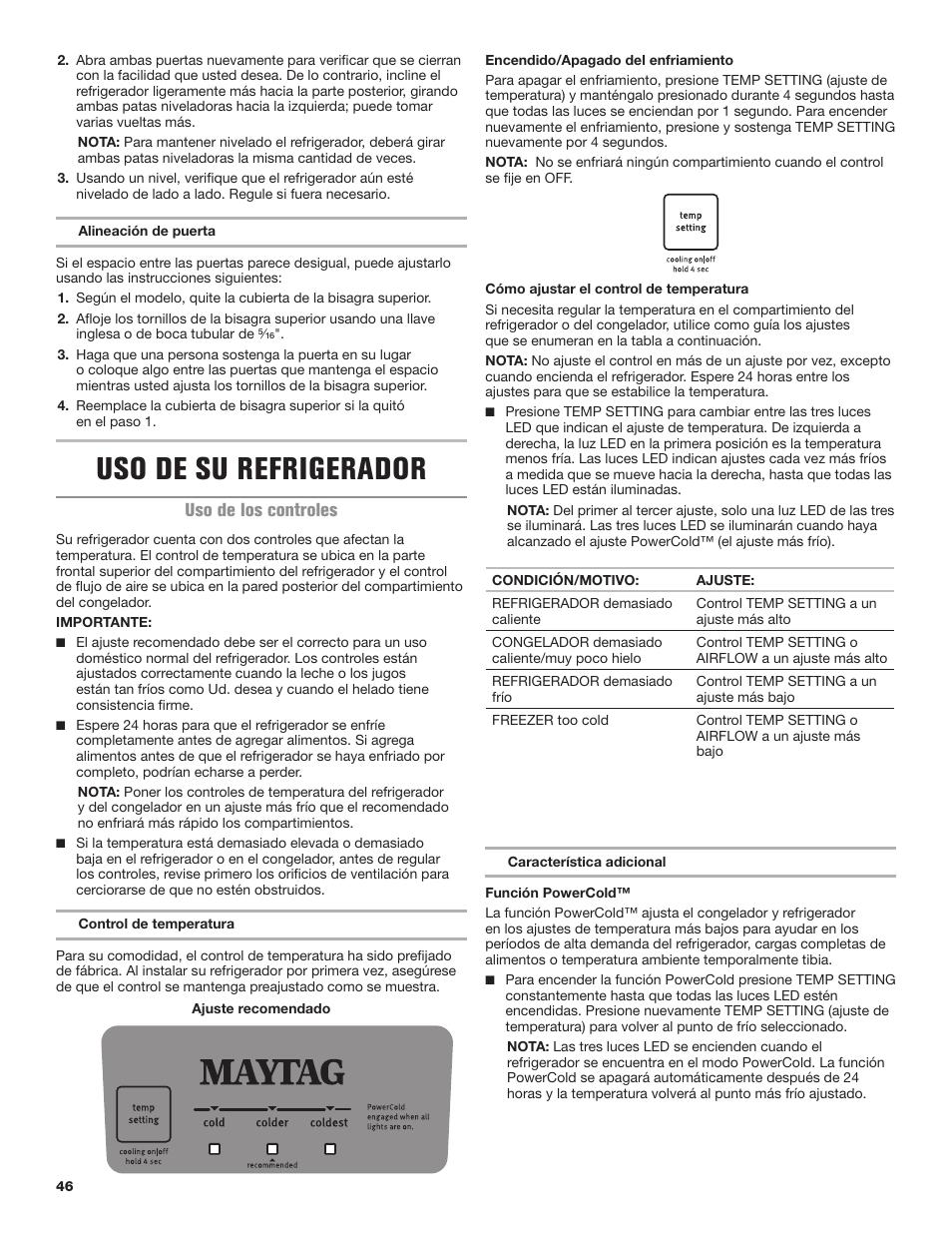 Uso de su refrigerador, Uso de los controles | Maytag MRT118FZEM User Manual | Page 46 / 56