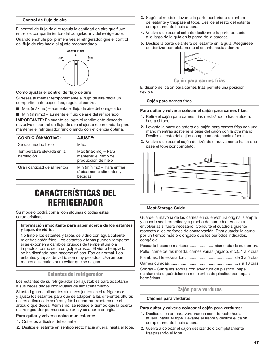 Características del refrigerador, Estantes del refrigerador, Cajón para carnes frías | Cajón para verduras | Maytag MRT118FZEM User Manual | Page 47 / 56