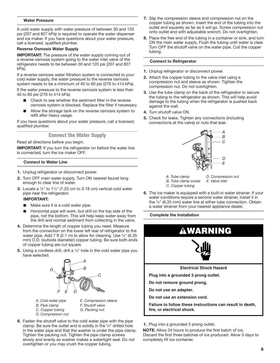 Warning, Connect the water supply | Maytag MRT118FZEM User Manual | Page 5 / 56