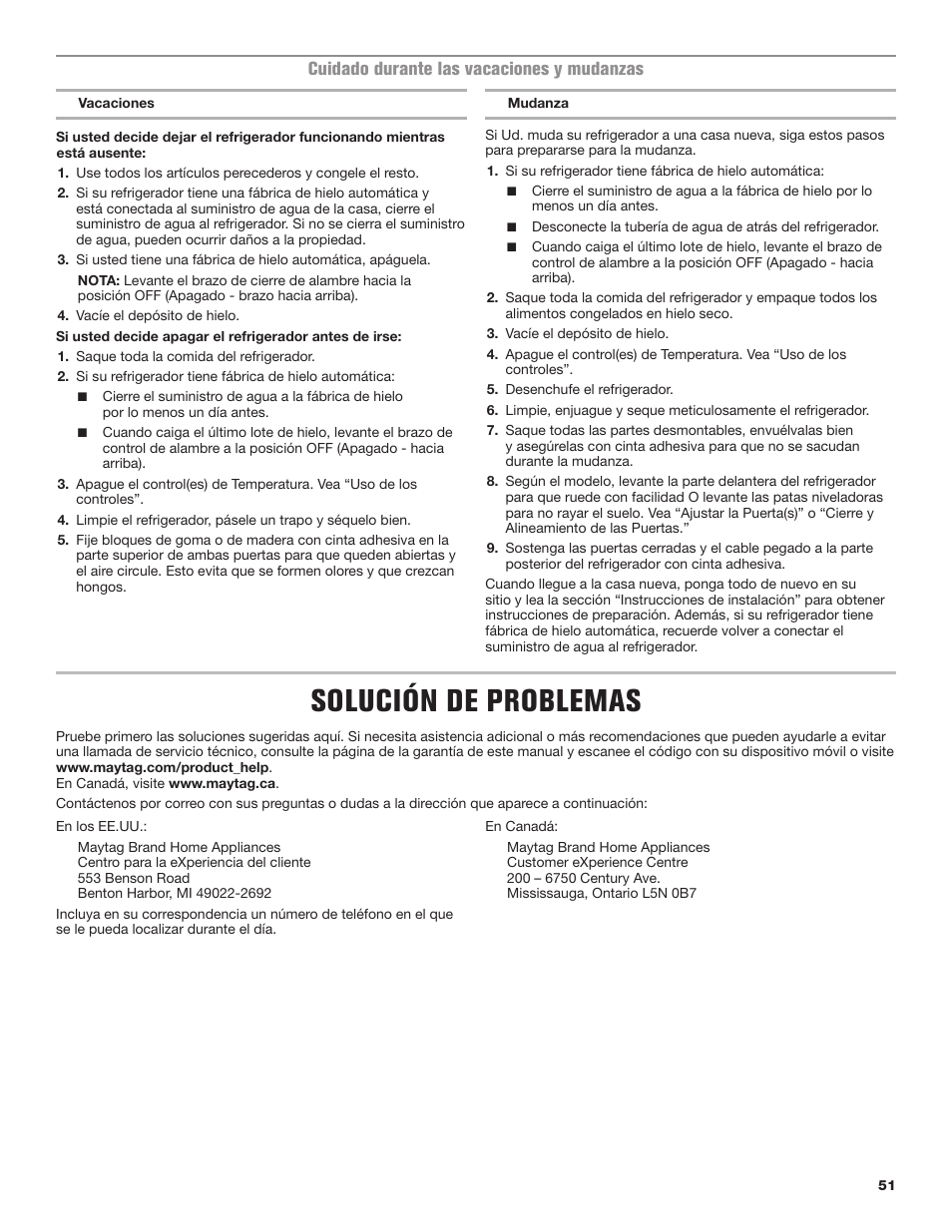 Solución de problemas, Cuidado durante las vacaciones y mudanzas | Maytag MRT118FZEM User Manual | Page 51 / 56