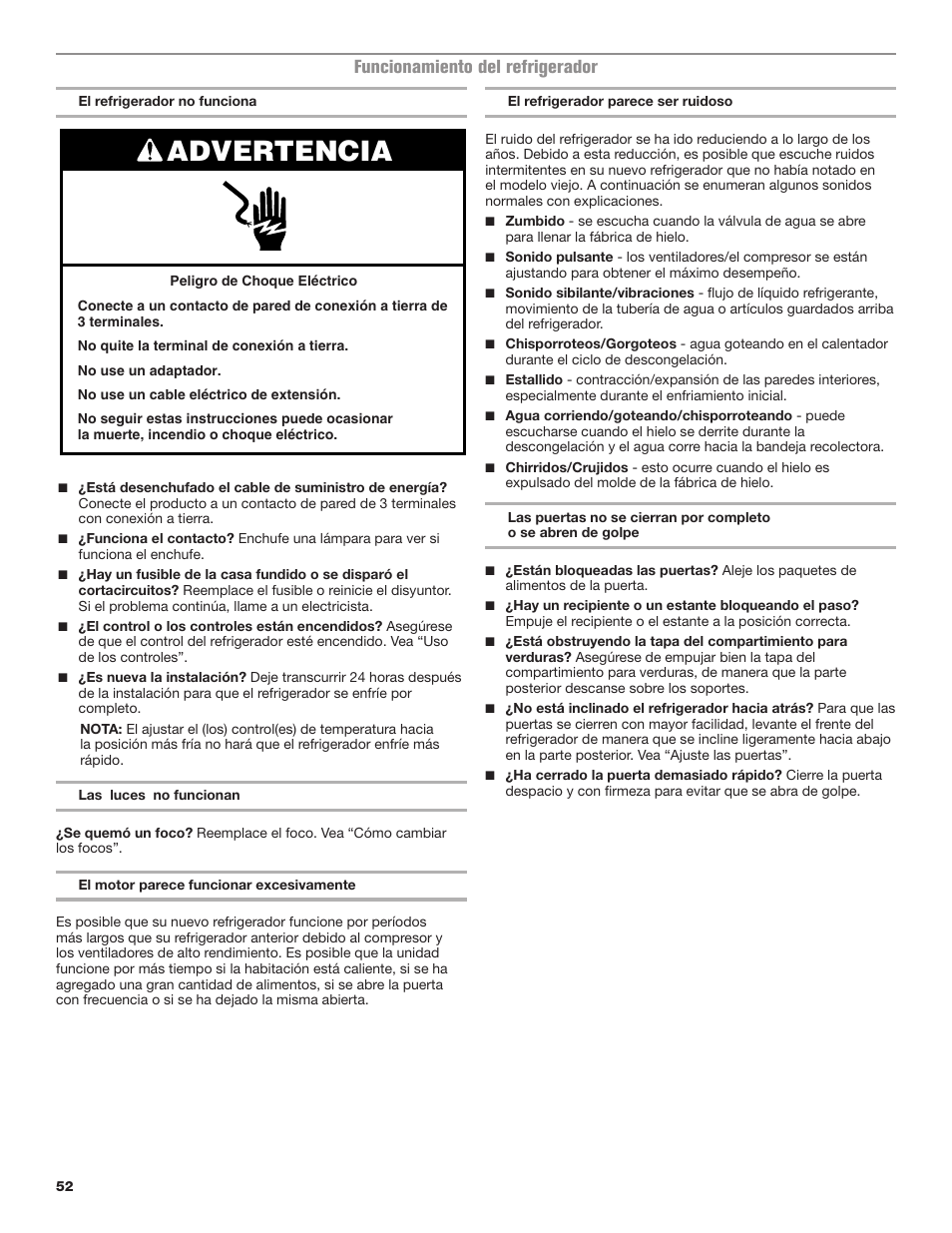 Advertencia, Funcionamiento del refrigerador | Maytag MRT118FZEM User Manual | Page 52 / 56