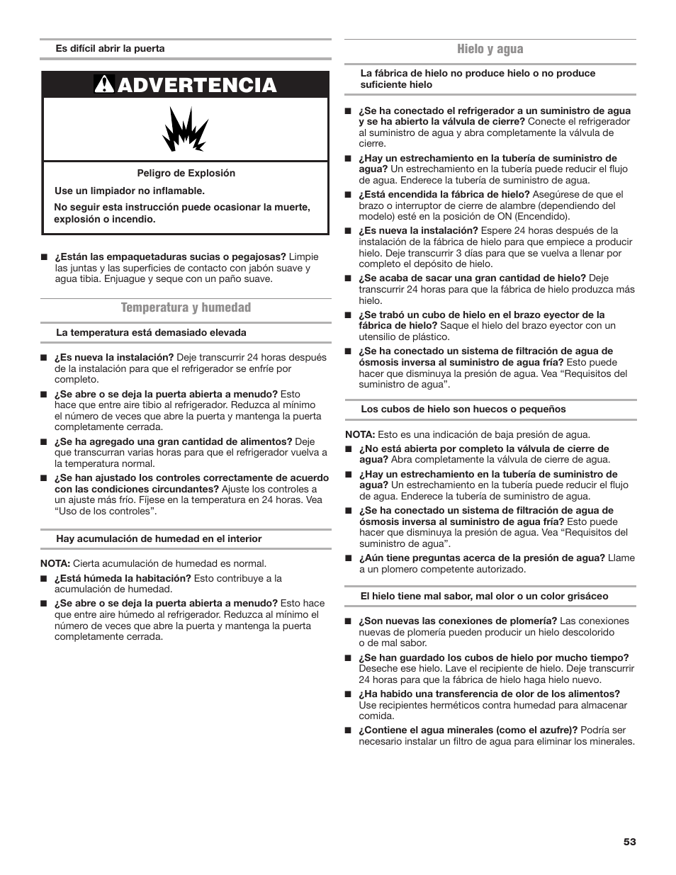 Advertencia, Temperatura y humedad, Hielo y agua | Maytag MRT118FZEM User Manual | Page 53 / 56