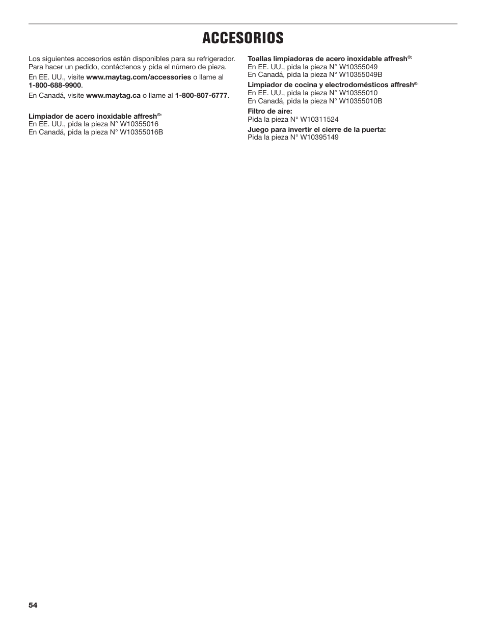 Accesorios | Maytag MRT118FZEM User Manual | Page 54 / 56