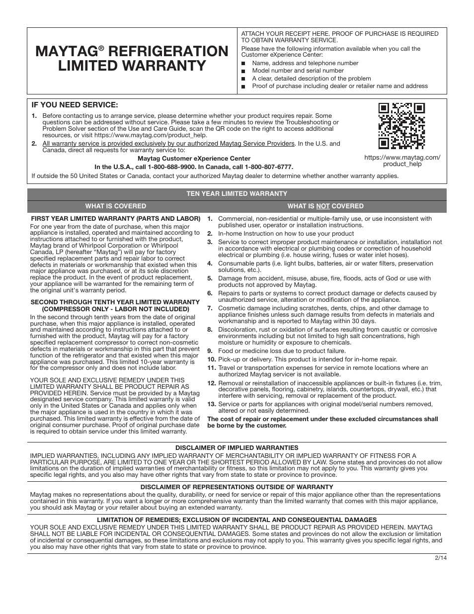 Maytag, Refrigeration limited warranty | Maytag MRT118FZEM User Manual | Page 55 / 56