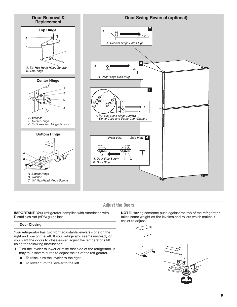Adjust the doors, Door removal & replacement, Door swing reversal (optional) | Maytag MRT118FZEM User Manual | Page 9 / 56