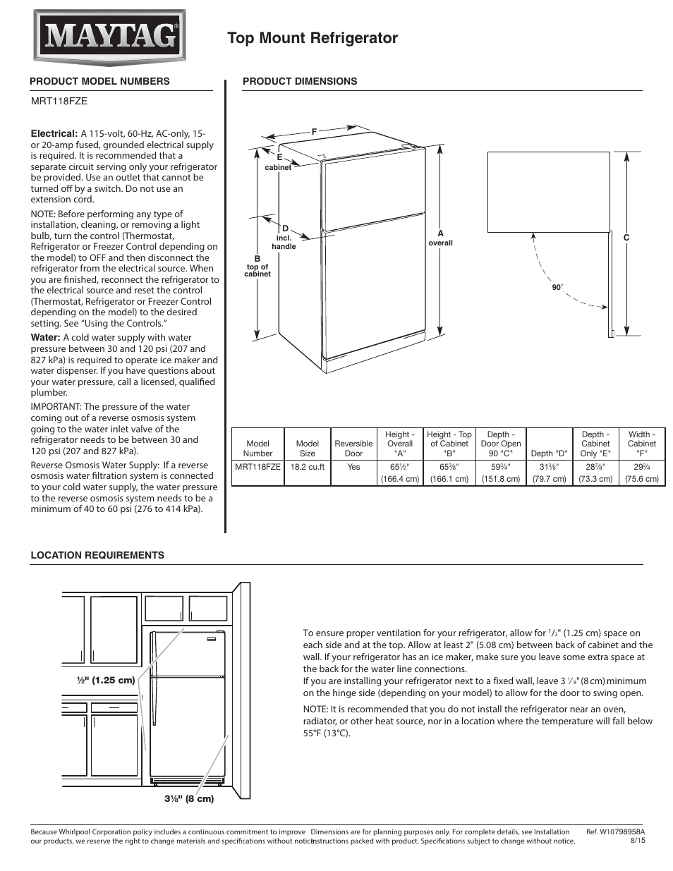 Maytag MRT118FZEM Dimension Guide User Manual | 1 page