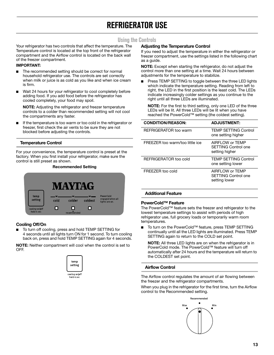 Refrigerator use, Using the controls | Maytag MRT519SZDM User Manual | Page 13 / 68