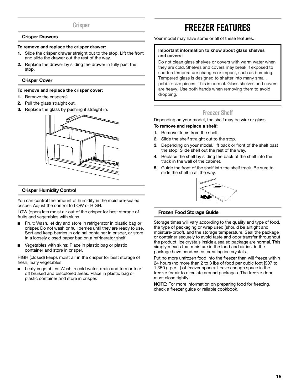 Freezer features, Crisper, Freezer shelf | Maytag MRT519SZDM User Manual | Page 15 / 68