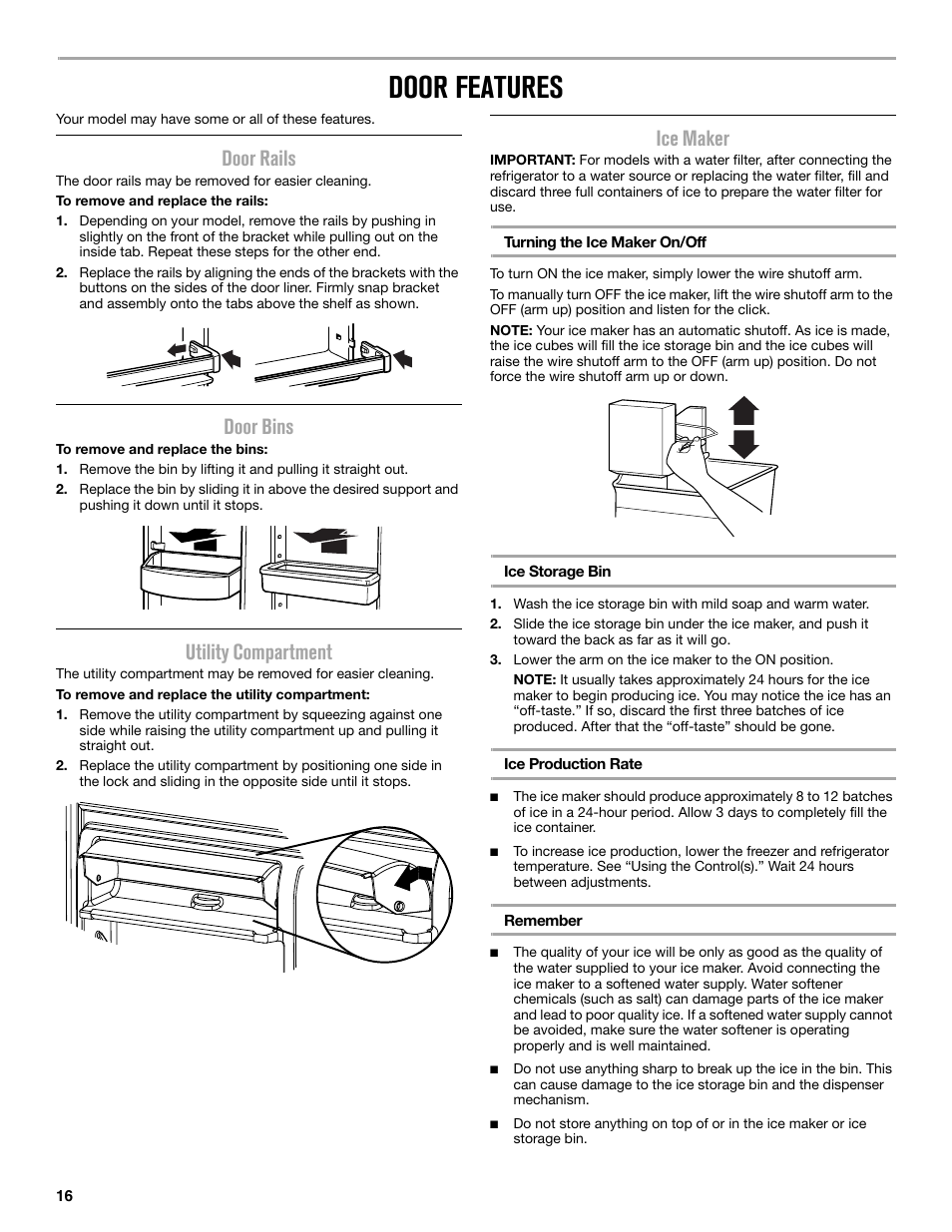 Door features, Door rails, Door bins | Utility compartment, Ice maker | Maytag MRT519SZDM User Manual | Page 16 / 68