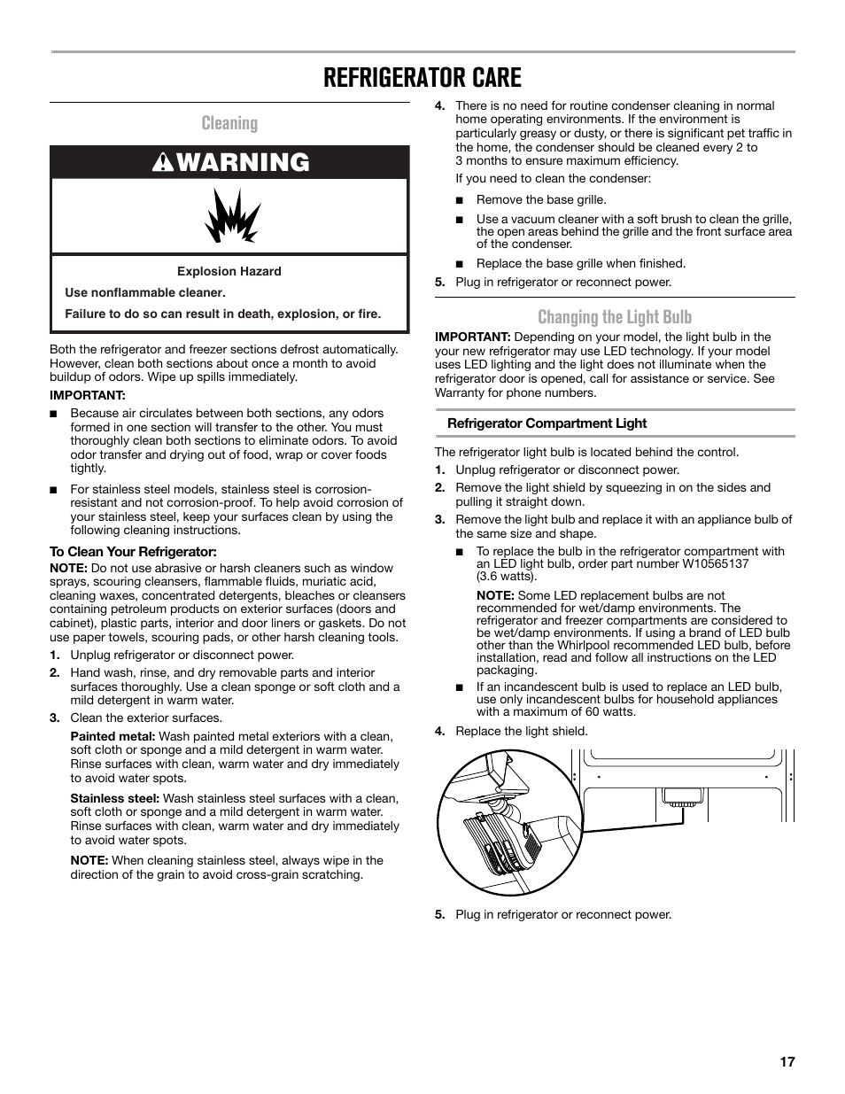 Refrigerator care, Warning, Cleaning | Changing the light bulb | Maytag MRT519SZDM User Manual | Page 17 / 68