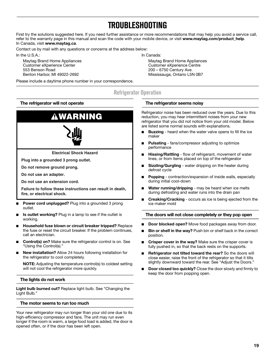 Troubleshooting, Warning, Refrigerator operation | Maytag MRT519SZDM User Manual | Page 19 / 68