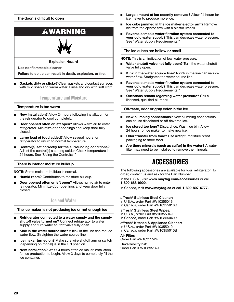 Accessories, Warning, Temperature and moisture | Ice and water | Maytag MRT519SZDM User Manual | Page 20 / 68