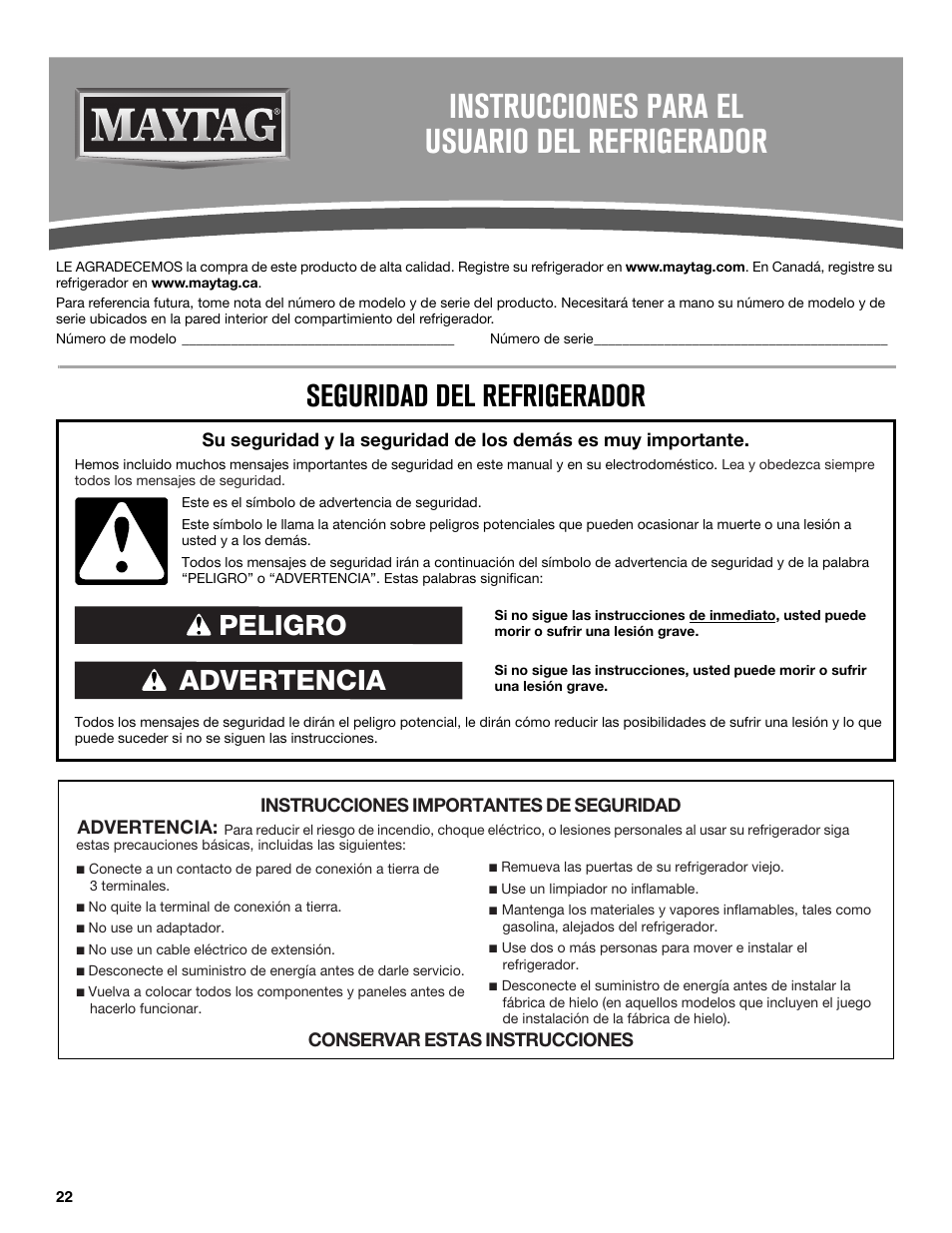 Instrucciones para el usuario del refrigerador, Seguridad del refrigerador, Advertencia peligro | Maytag MRT519SZDM User Manual | Page 22 / 68