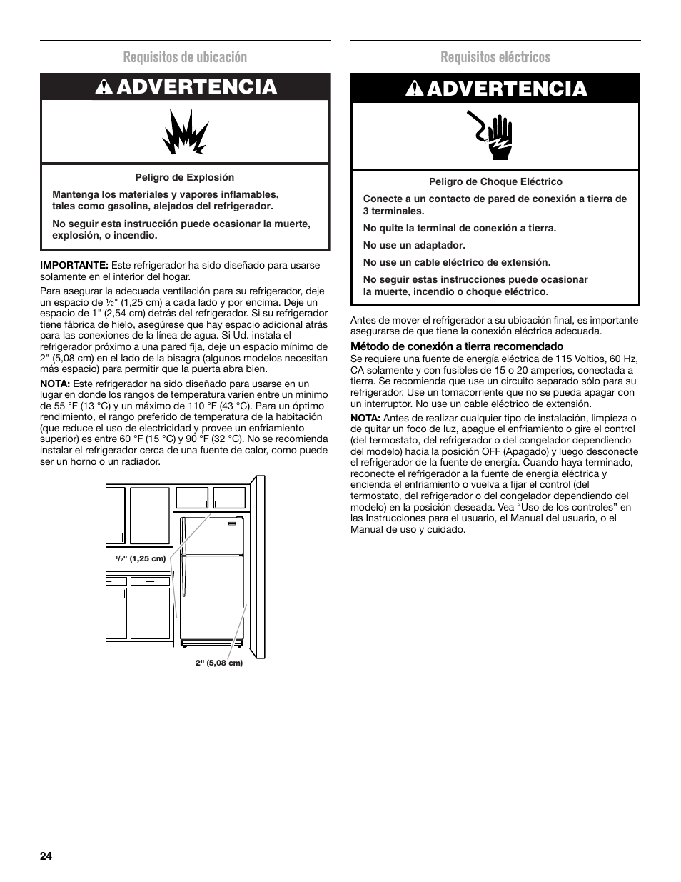 Advertencia, Requisitos de ubicación, Requisitos eléctricos | Maytag MRT519SZDM User Manual | Page 24 / 68