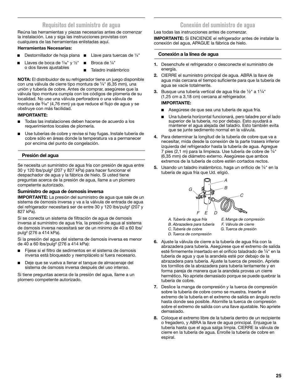 Requisitos del suministro de agua, Conexión del suministro de agua | Maytag MRT519SZDM User Manual | Page 25 / 68