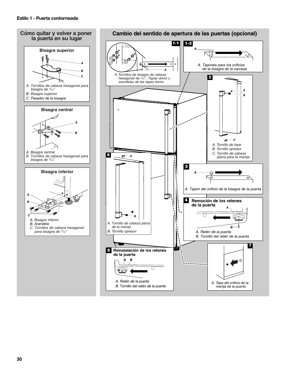 Cómo quitar y volver a poner la puerta en su lugar, 30 estilo 1 - puerta contorneada | Maytag MRT519SZDM User Manual | Page 30 / 68