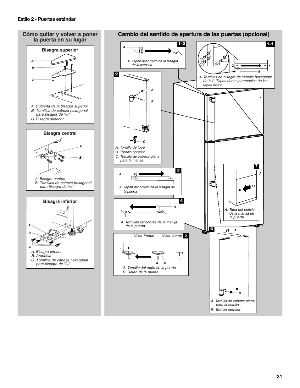 Cómo quitar y volver a poner la puerta en su lugar, 31 estilo 2 - puertas estándar | Maytag MRT519SZDM User Manual | Page 31 / 68