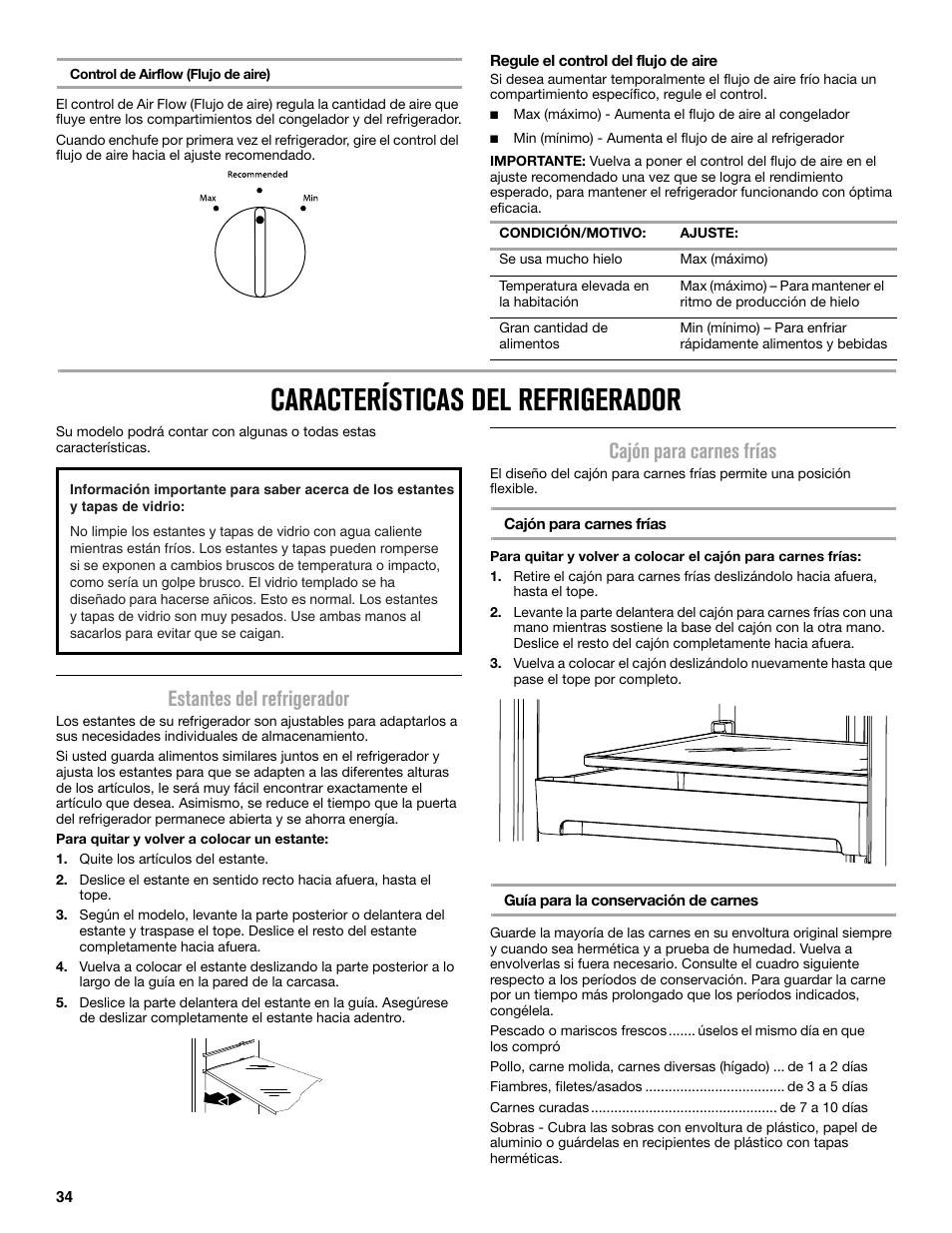 Características del refrigerador, Estantes del refrigerador, Cajón para carnes frías | Maytag MRT519SZDM User Manual | Page 34 / 68