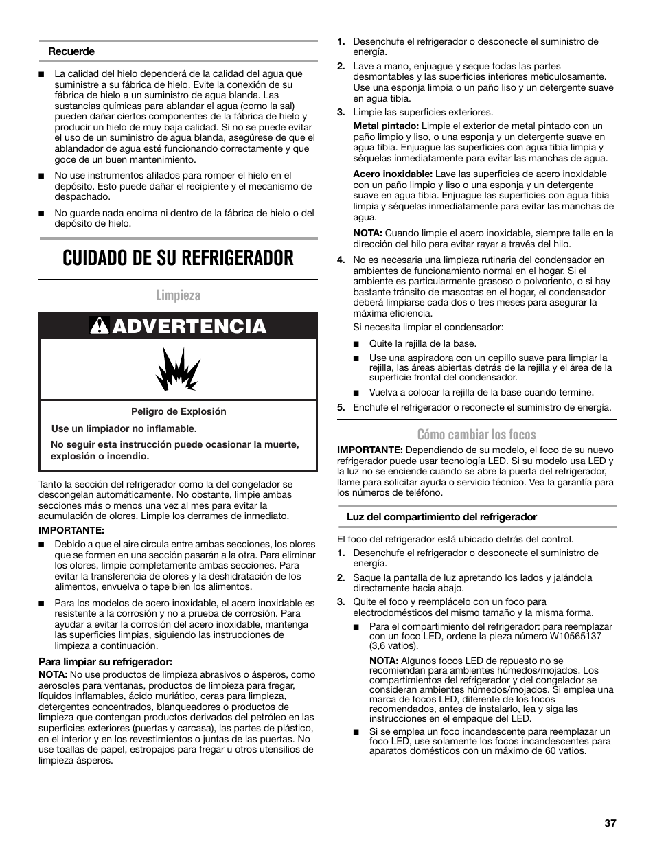 Cuidado de su refrigerador, Advertencia, Limpieza | Cómo cambiar los focos | Maytag MRT519SZDM User Manual | Page 37 / 68