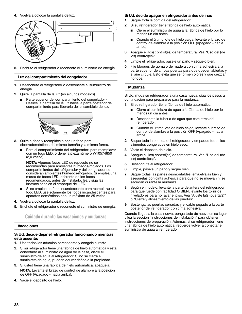 Cuidado durante las vacaciones y mudanzas | Maytag MRT519SZDM User Manual | Page 38 / 68