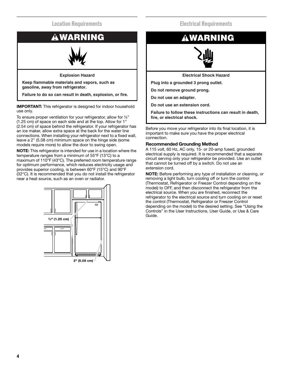 Warning, Location requirements, Electrical requirements | Maytag MRT519SZDM User Manual | Page 4 / 68