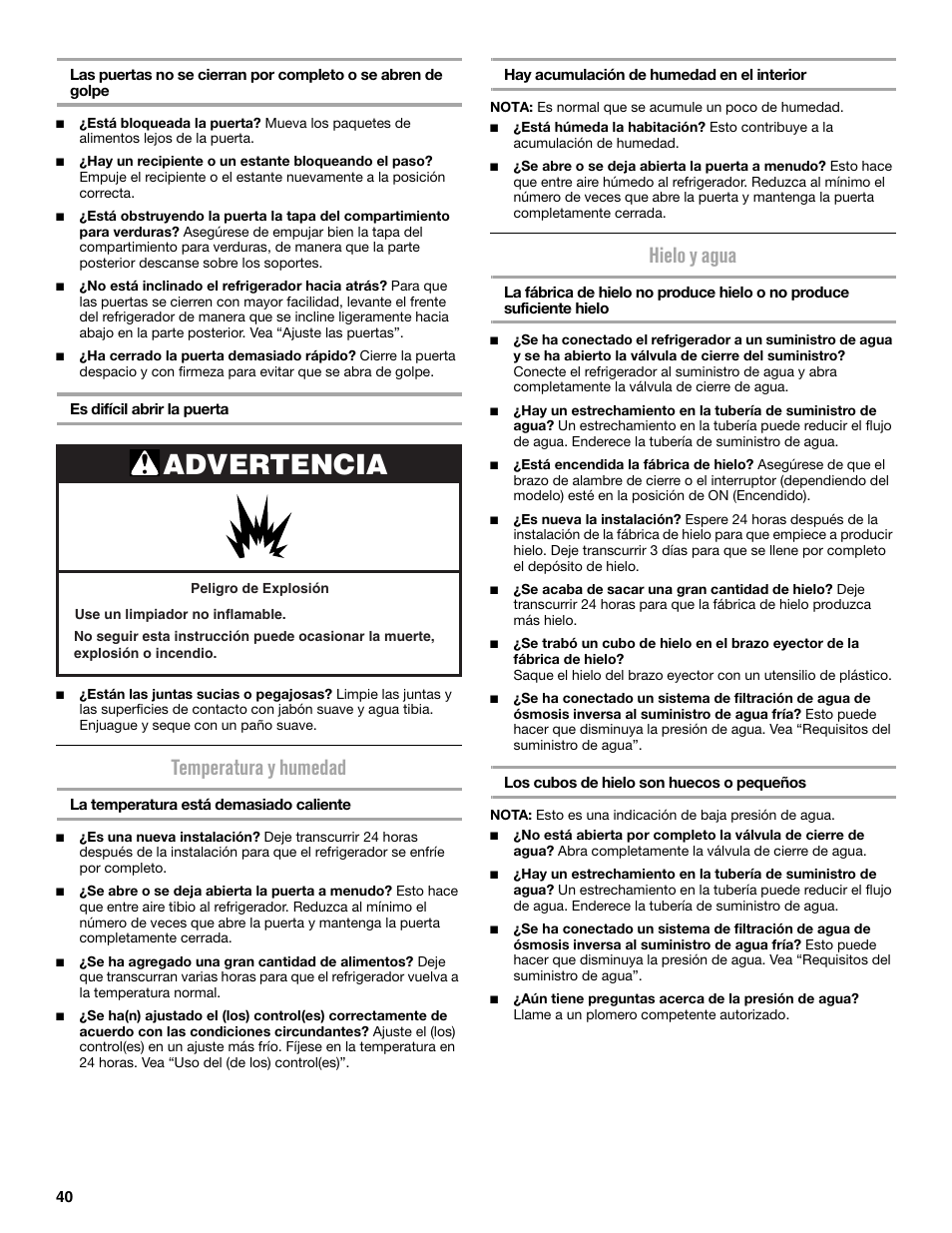 Advertencia, Temperatura y humedad, Hielo y agua | Maytag MRT519SZDM User Manual | Page 40 / 68