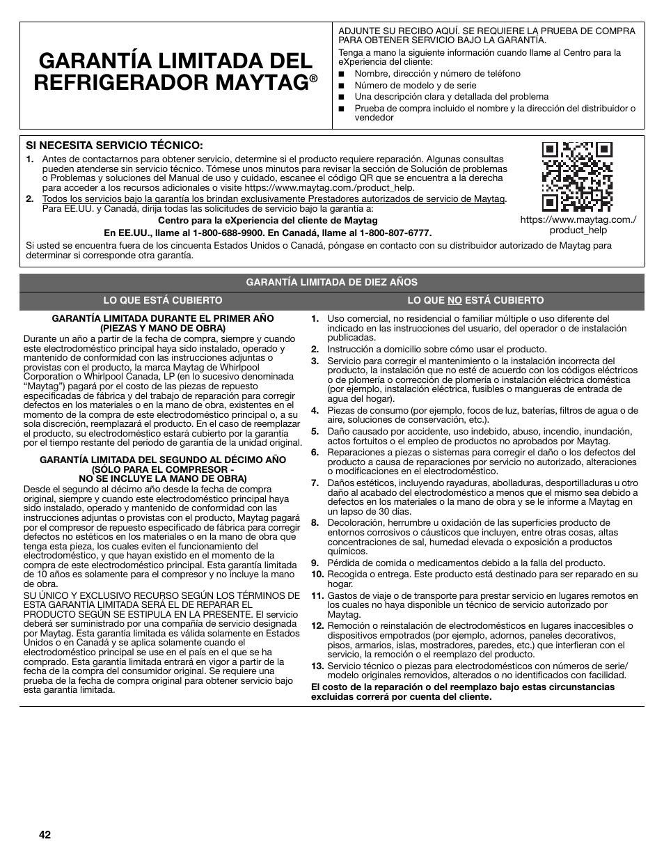 Garantía limitada del refrigerador maytag | Maytag MRT519SZDM User Manual | Page 42 / 68