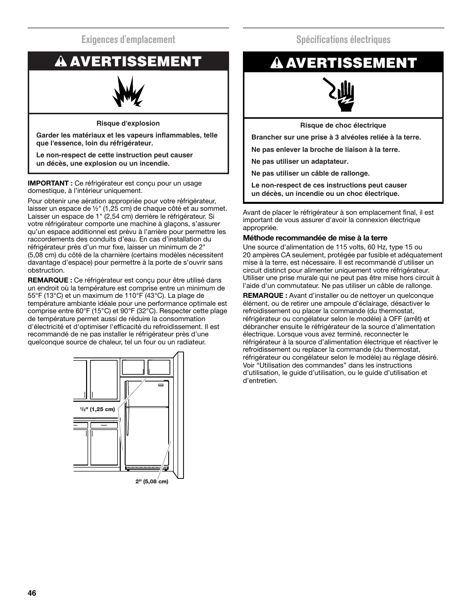 Avertissement, Exigences d'emplacement, Spécifications électriques | Maytag MRT519SZDM User Manual | Page 46 / 68