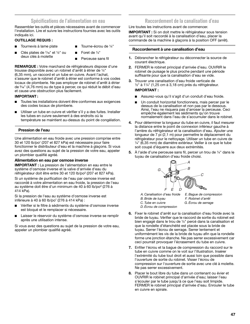 Spécifications de l’alimentation en eau, Raccordement de la canalisation d'eau | Maytag MRT519SZDM User Manual | Page 47 / 68