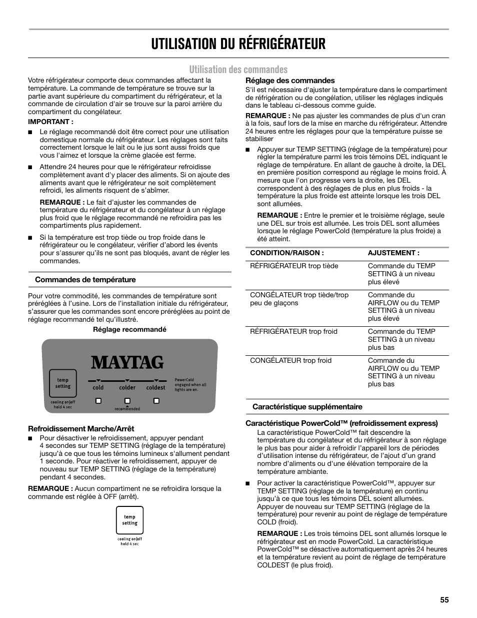 Utilisation du réfrigérateur, Utilisation des commandes | Maytag MRT519SZDM User Manual | Page 55 / 68