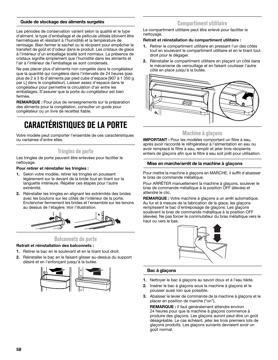 Caractéristiques de la porte, Tringles de porte, Balconnets de porte | Compartiment utilitaire, Machine à glaçons | Maytag MRT519SZDM User Manual | Page 58 / 68