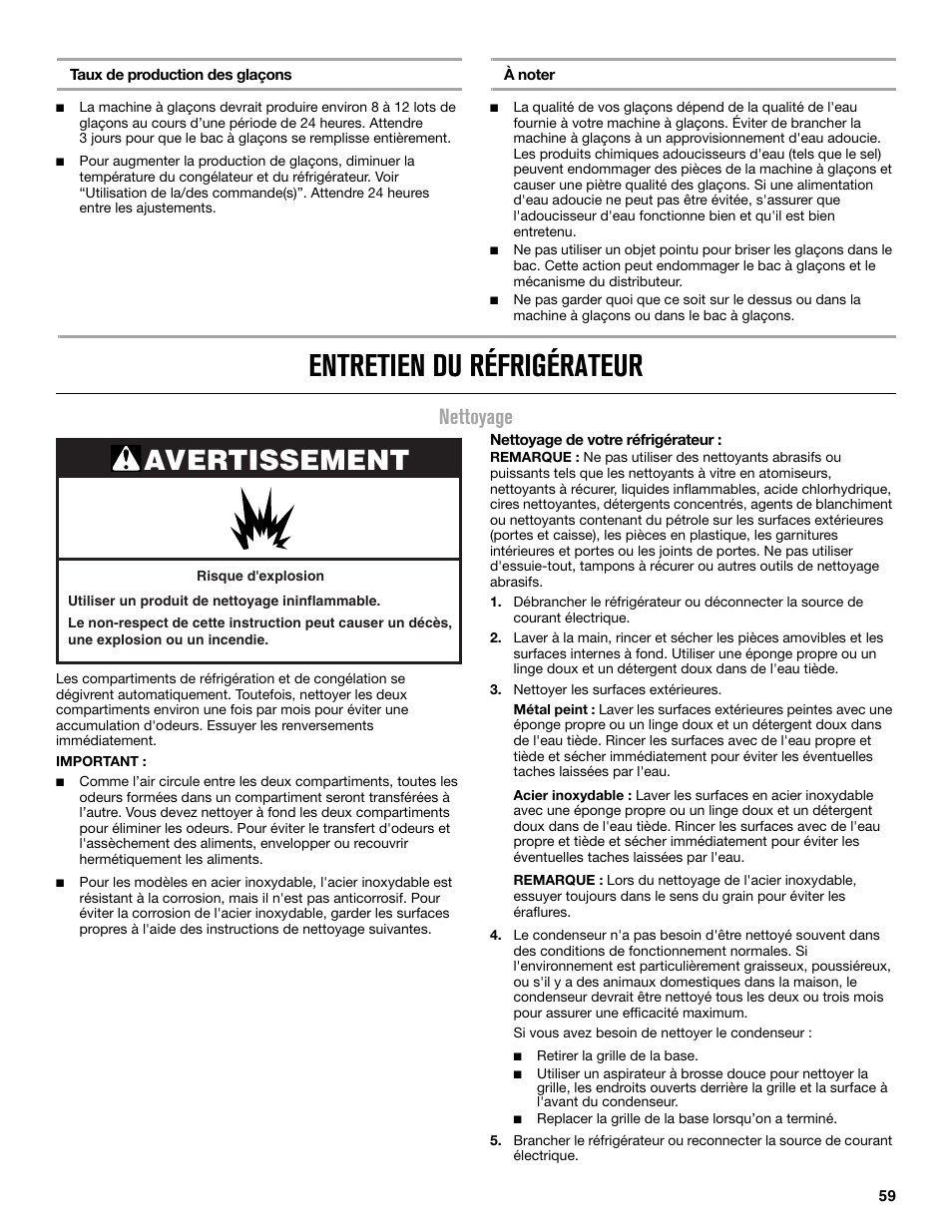 Entretien du réfrigérateur, Avertissement, Nettoyage | Maytag MRT519SZDM User Manual | Page 59 / 68