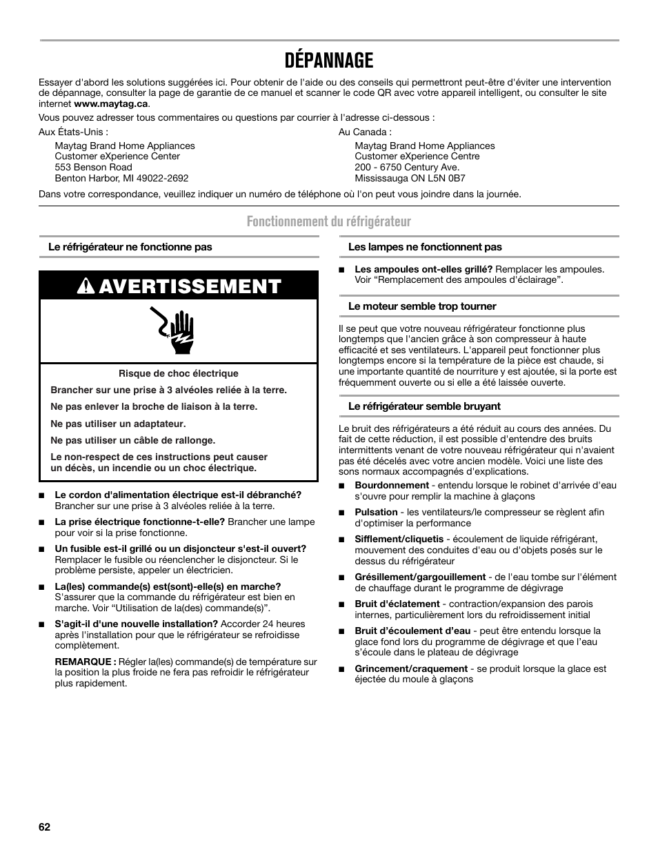 Dépannage, Avertissement, Fonctionnement du réfrigérateur | Maytag MRT519SZDM User Manual | Page 62 / 68