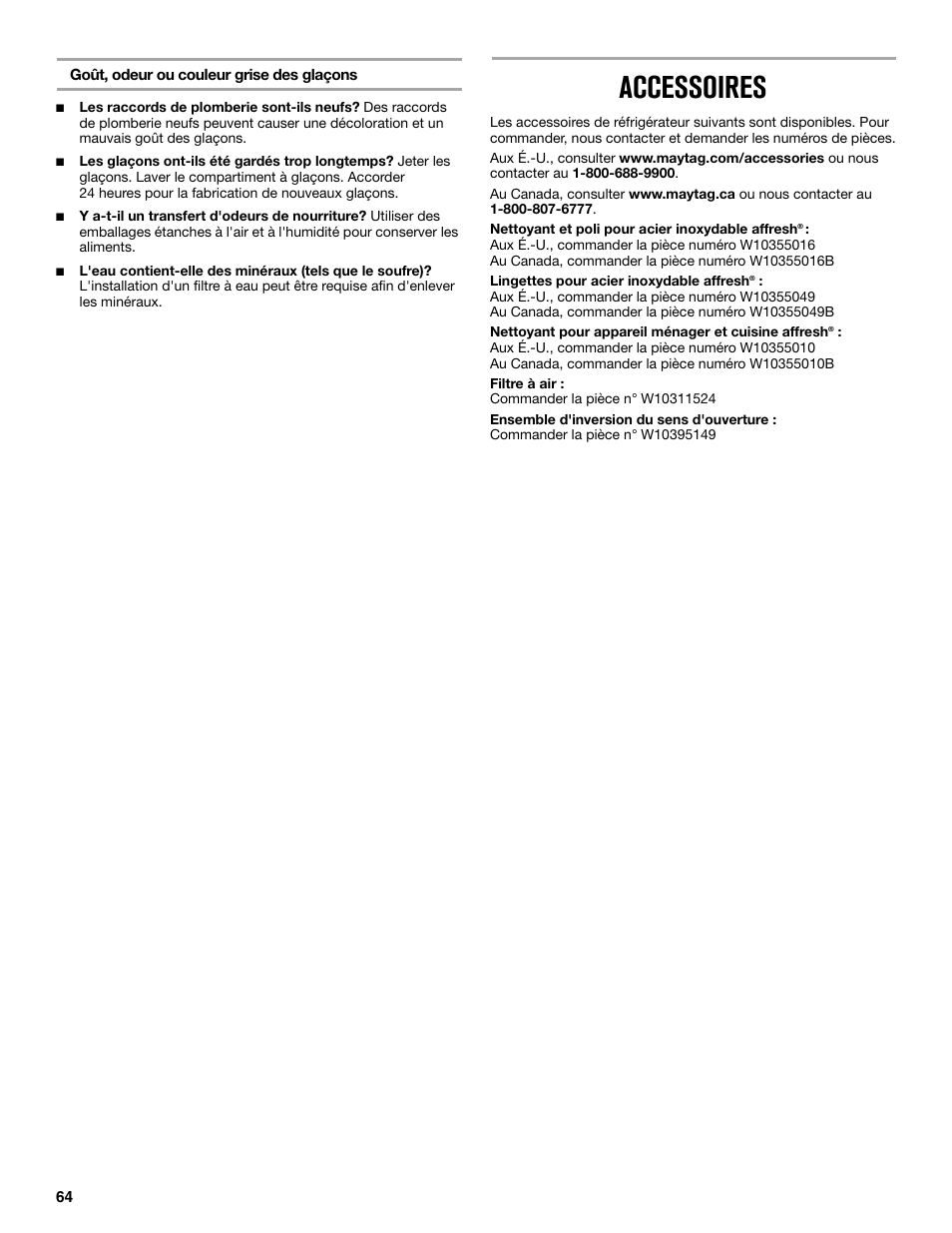 Accessoires | Maytag MRT519SZDM User Manual | Page 64 / 68