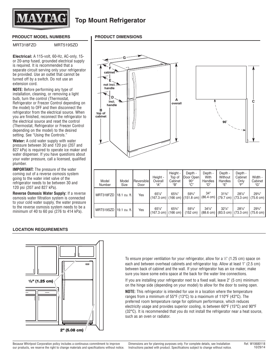 Maytag MRT519SZDM Dimension Guide User Manual | 1 page