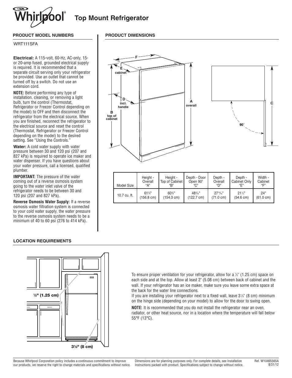 Maytag WRT111SFAB Dimension Guide User Manual | 1 page