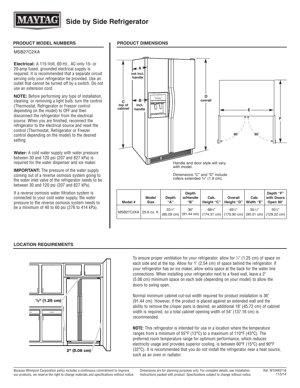 Maytag MSB27C2XAW Dimension Guide User Manual | 1 page