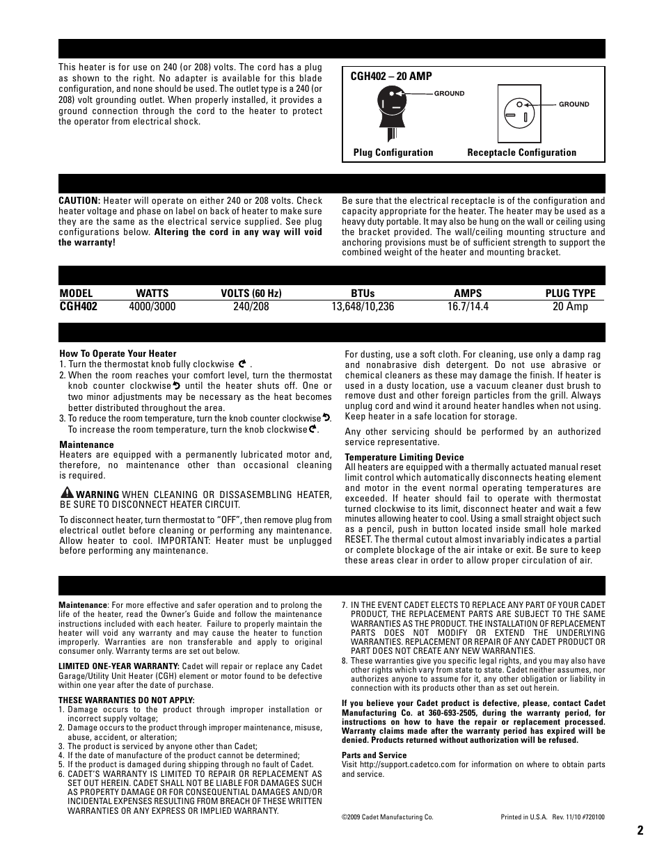 Installation instructions, Grounding instructions, Specifications operation and maintenance | Warranty | Cadet CGH402 User Manual | Page 2 / 4