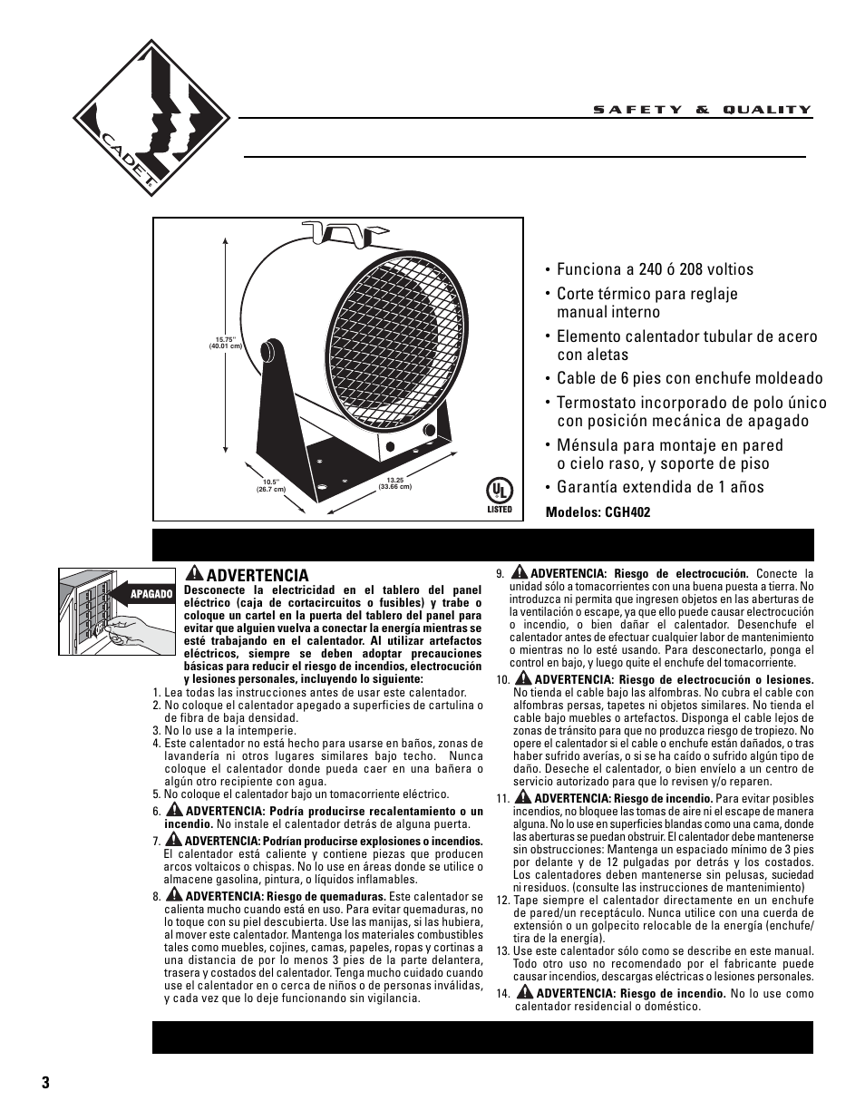 Guía para el propietario, Calentador cadet para garajes/multiuso, Características y beneficios | Cadet CGH402 User Manual | Page 3 / 4