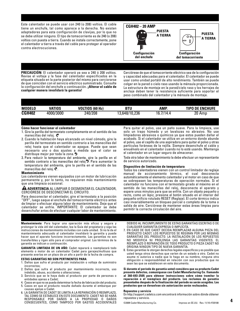 Instrucciones para la instalación, Instrucciones de puesta a tierra, Specifications operación y mantenimiento | Garantía | Cadet CGH402 User Manual | Page 4 / 4