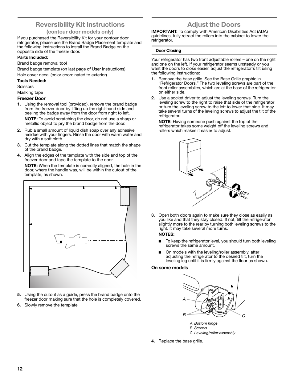 Reversibility kit instructions, Adjust the doors | Maytag WRT371SZBF User Manual | Page 12 / 78