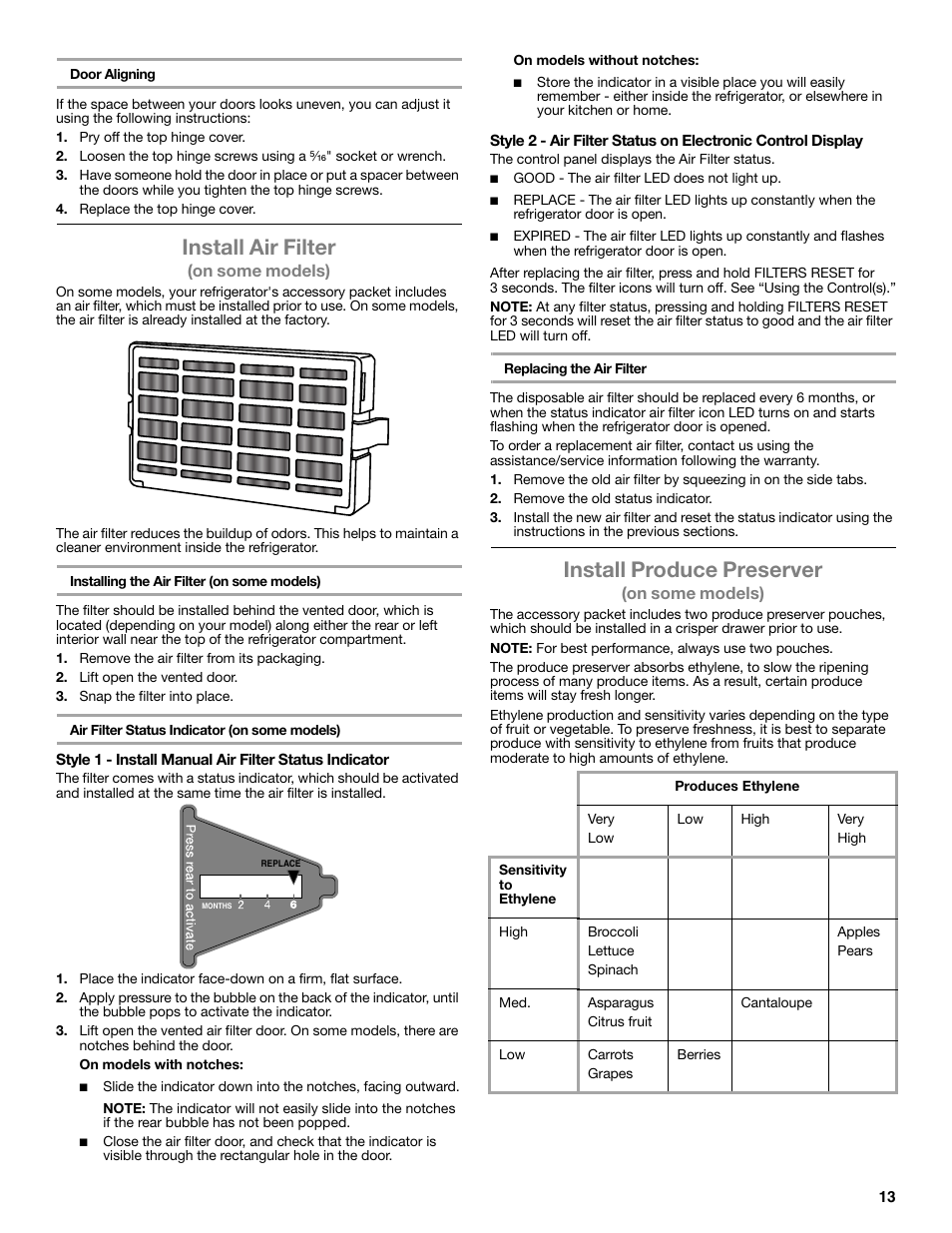 Install air filter, Install produce preserver | Maytag WRT371SZBF User Manual | Page 13 / 78